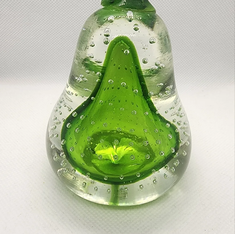 Glass Paperweight Pear Shape Green & Clear Glass with Air Bubbles